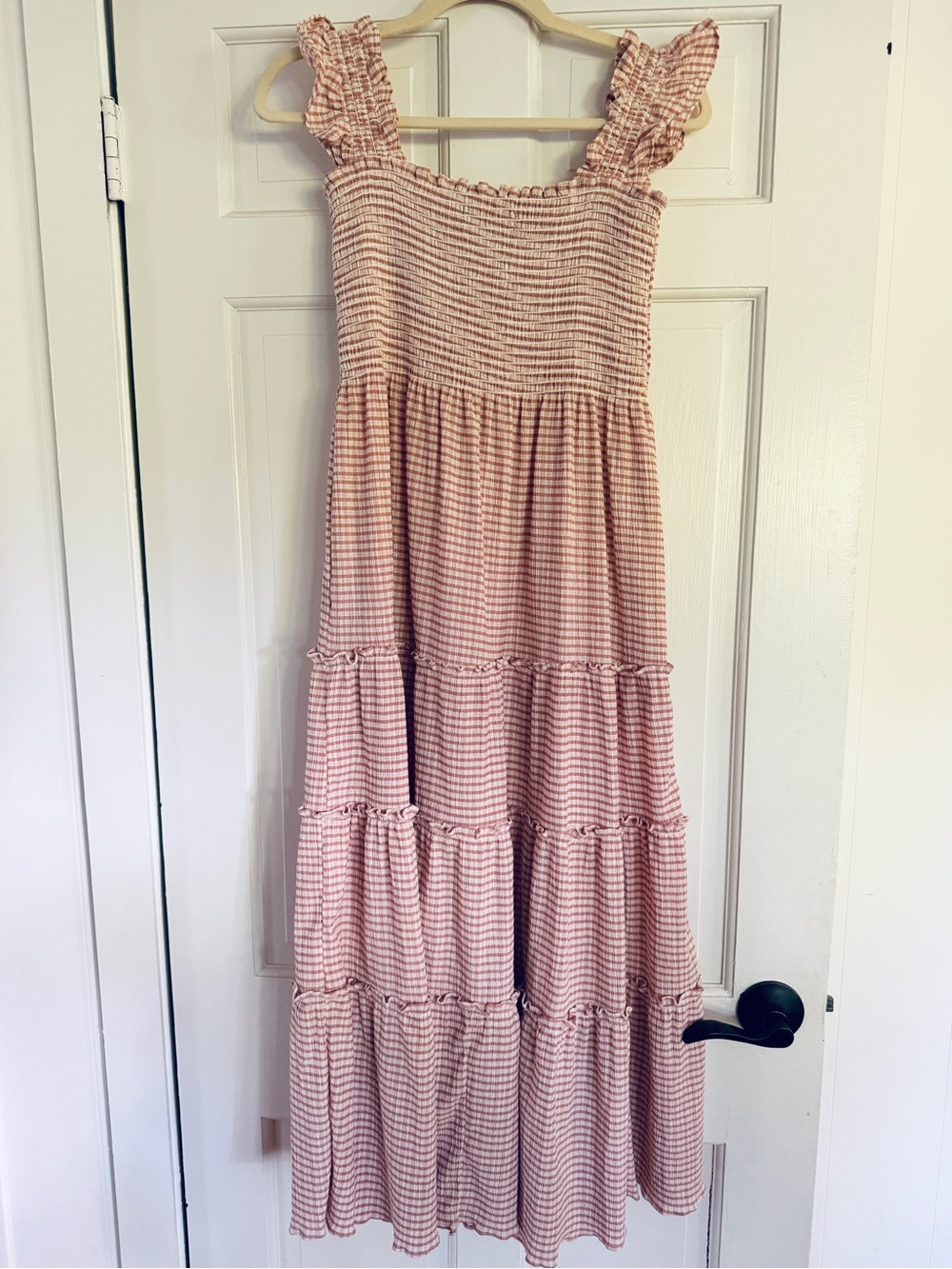 Women’s pink Gingham Tiered nap dress with Ruffle Straps - Picture 2 of 3